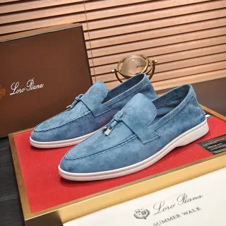 Loro Piana Mocassim de camurça azul branco com tira de franjas