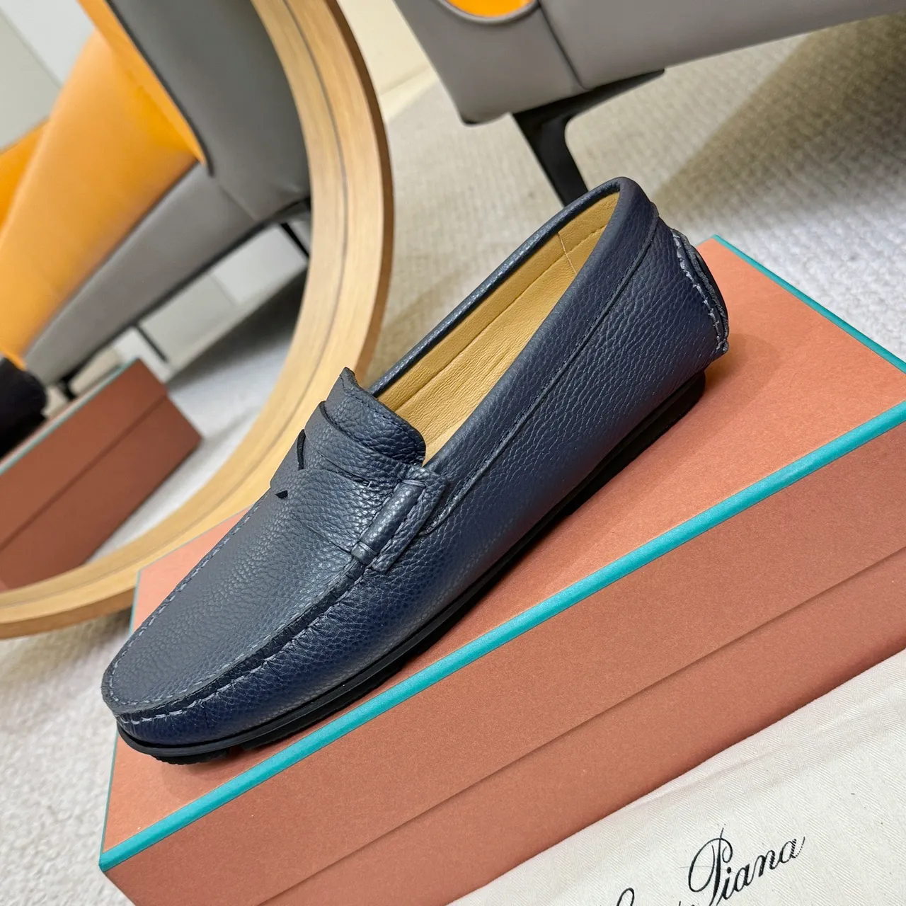 Loro Piana Penny Loafer أزرق بحري جلد مقرمش أحذية بدون أربطة 6