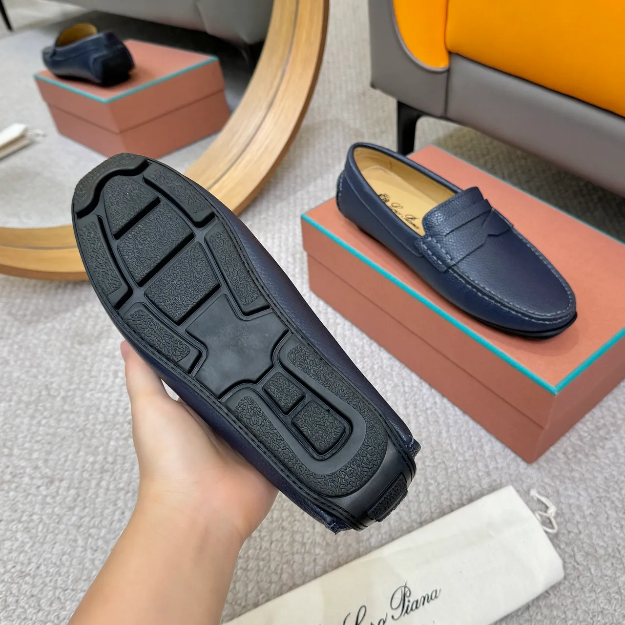 Loro Piana Penny Loafer أزرق بحري جلد مقرمش أحذية بدون أربطة 7