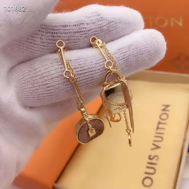 Louis Vuitton Asymmetrical Monogram Lock Motif Gold-Tone Earrings 3