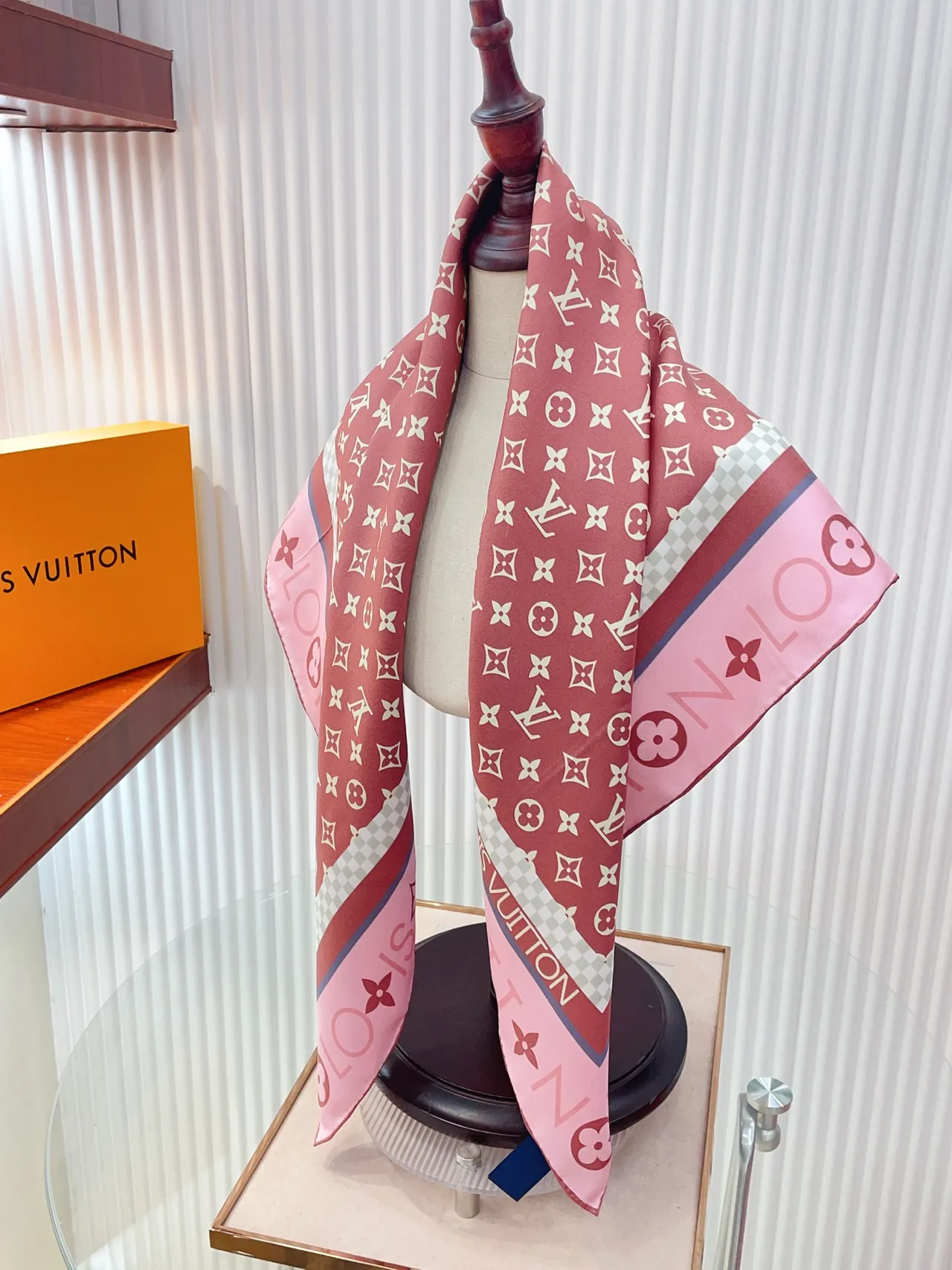 Louis Vuitton Bandana Pink White Square Silhouette Monogram Print Silk Scarf 2