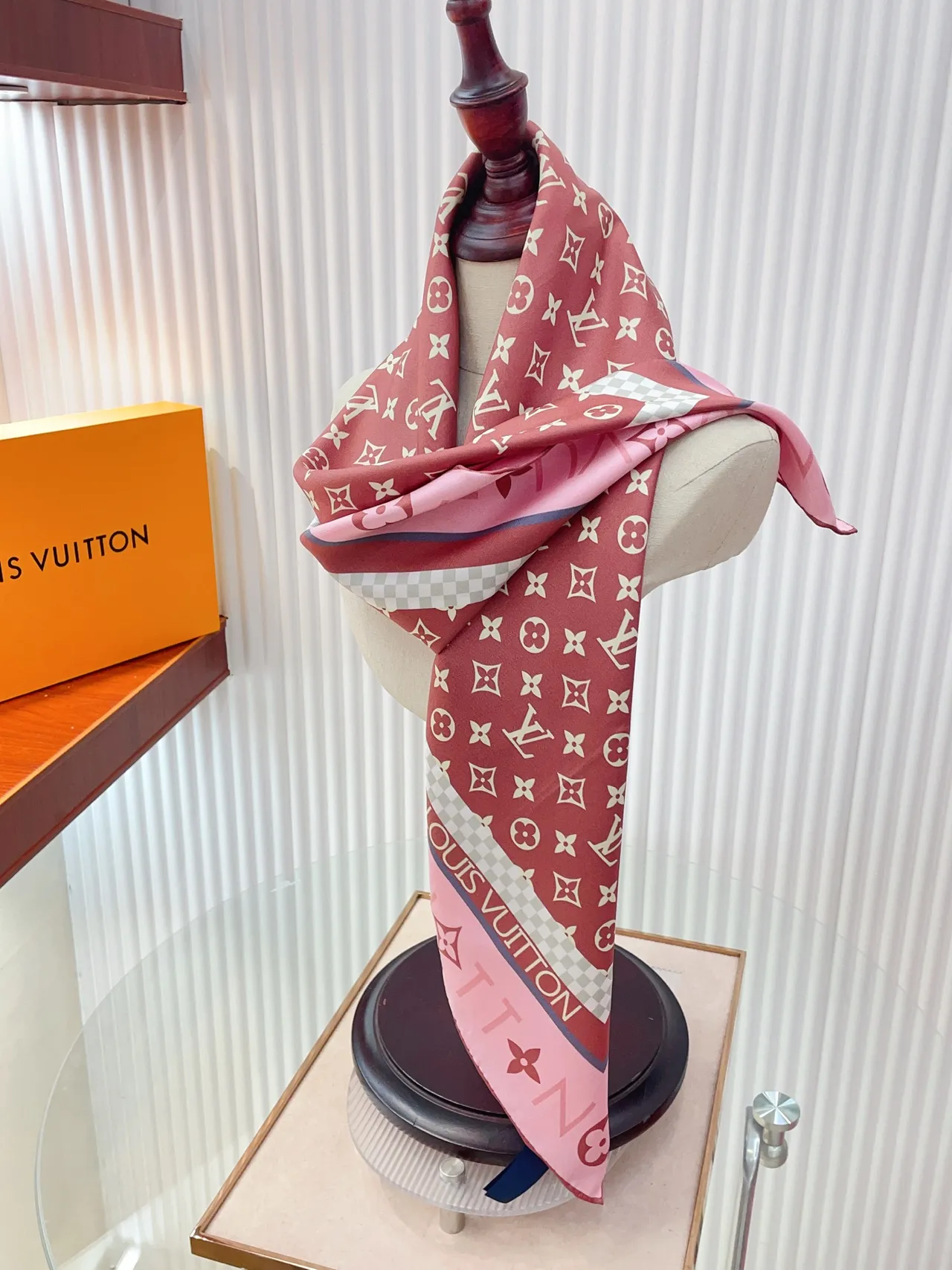 Louis Vuitton Bandana Pink White Square Silhouette Monogram Print Silk Scarf 3