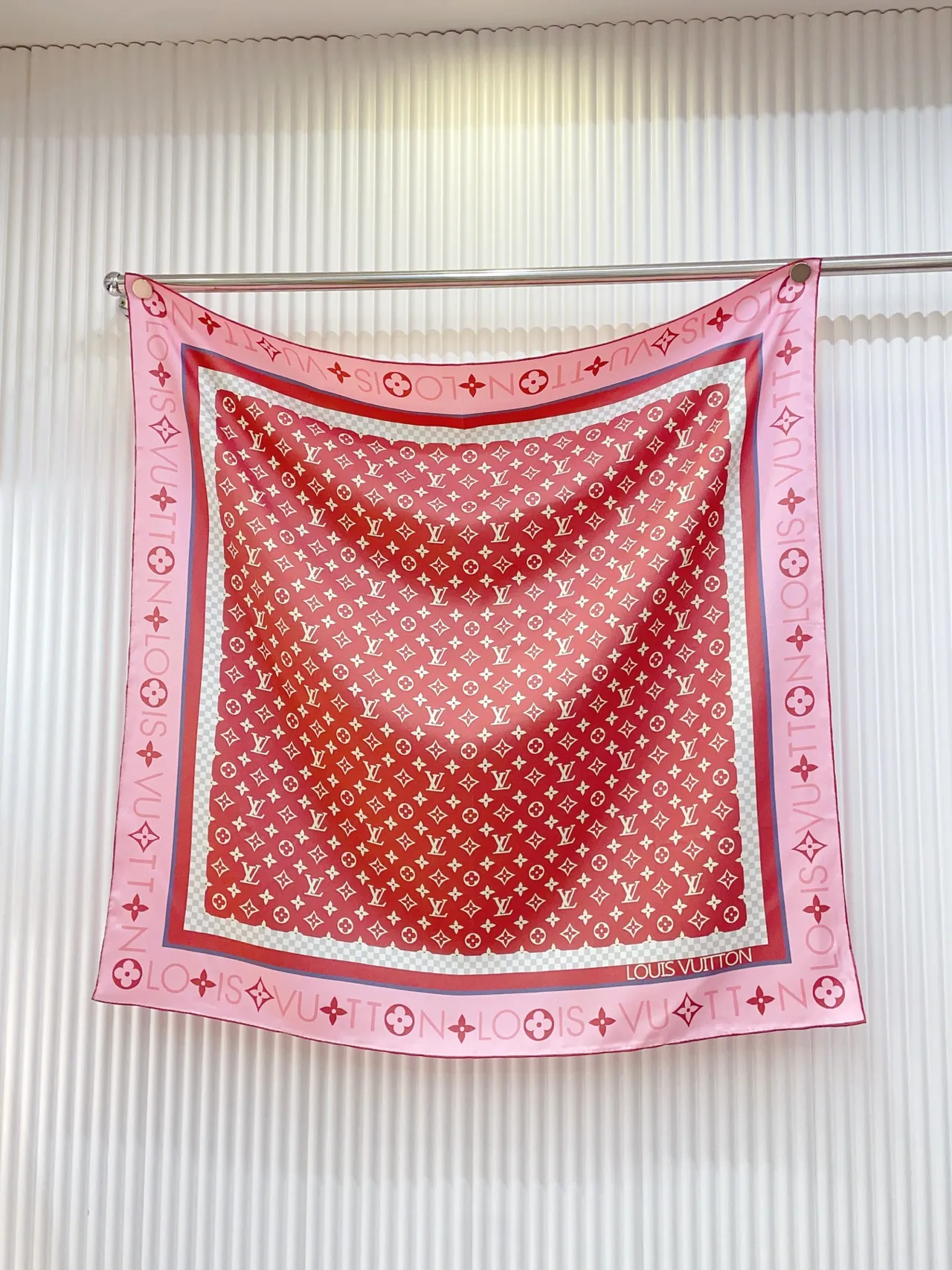 Louis Vuitton Bandana Pink White Square Silhouette Monogram Print Silk Scarf 4