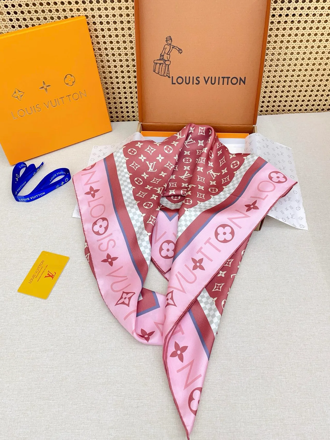 Louis Vuitton Bandana Pink White Square Silhouette Monogram Print Silk Scarf 5