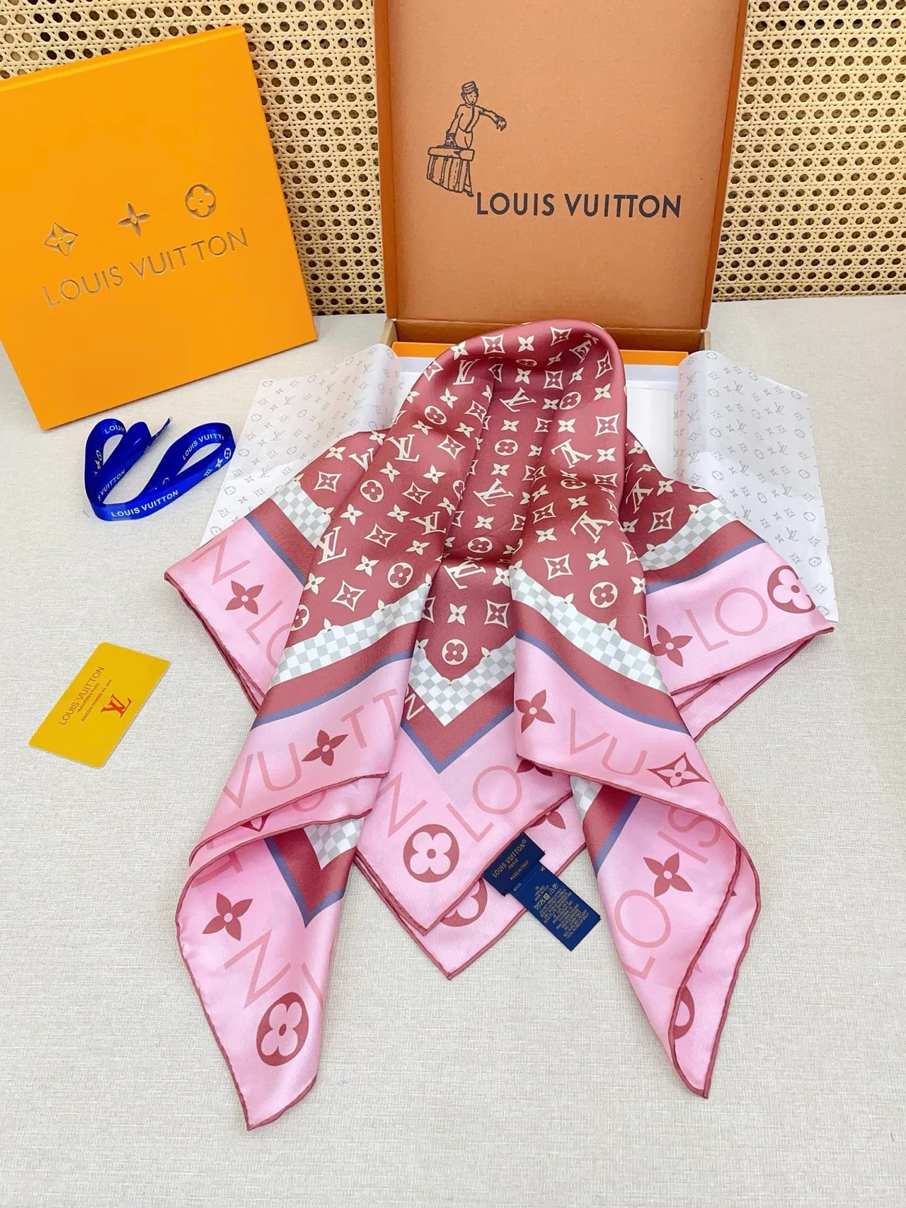 Louis Vuitton Bandana Pink White Square Silhouette Monogram Print Silk Scarf 6