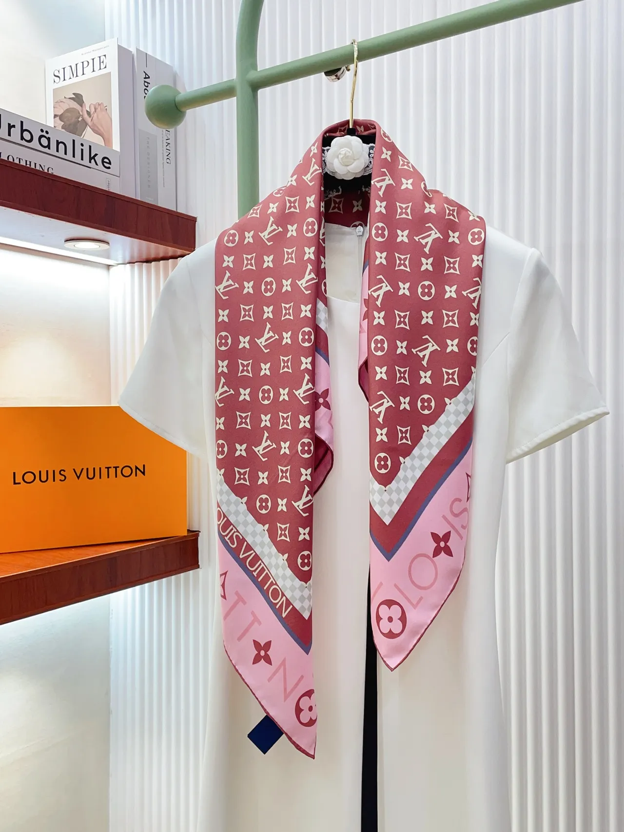 Louis Vuitton Bandana Pink White Square Silhouette Monogram Print Silk Scarf 7