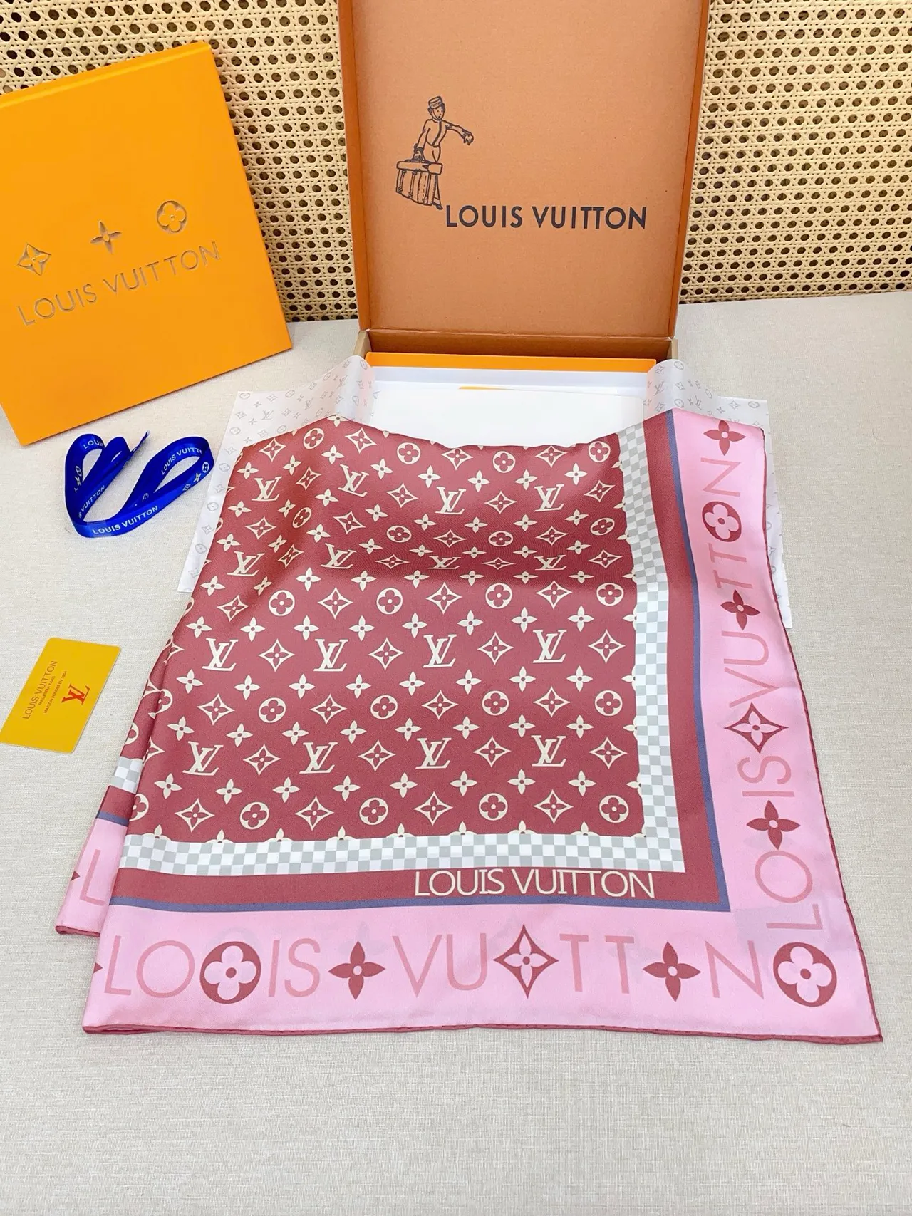 Louis Vuitton Bandana Pink White Square Silhouette Monogram Print Silk Scarf 8