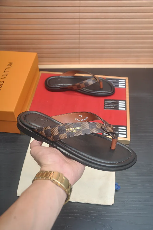 Louis Vuitton Black Brown Leather Sole Thong Silhouette Slippers 17