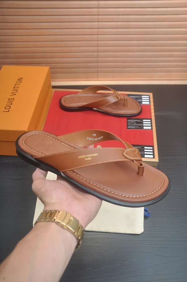 Louis Vuitton Black Brown Leather Sole Thong Silhouette Slippers 19