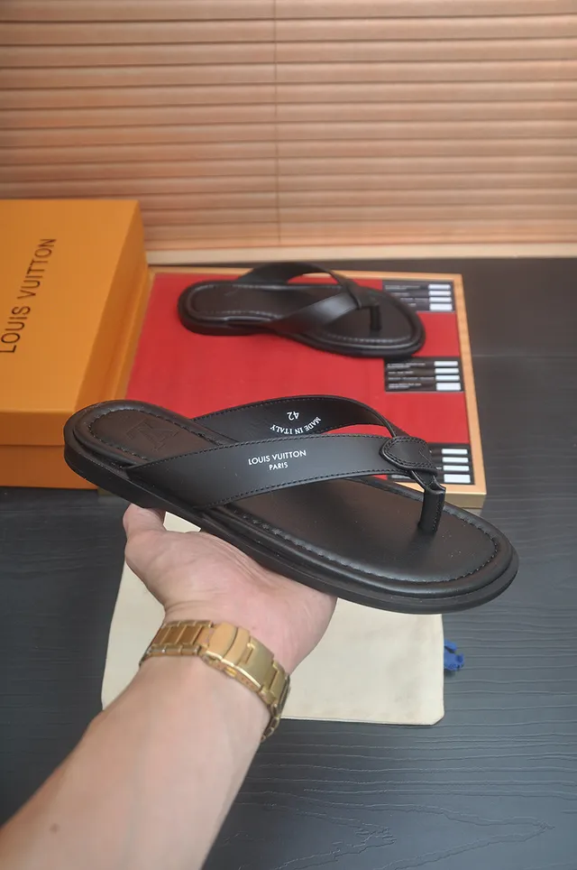 Louis Vuitton Black Brown Leather Sole Thong Silhouette Slippers 20