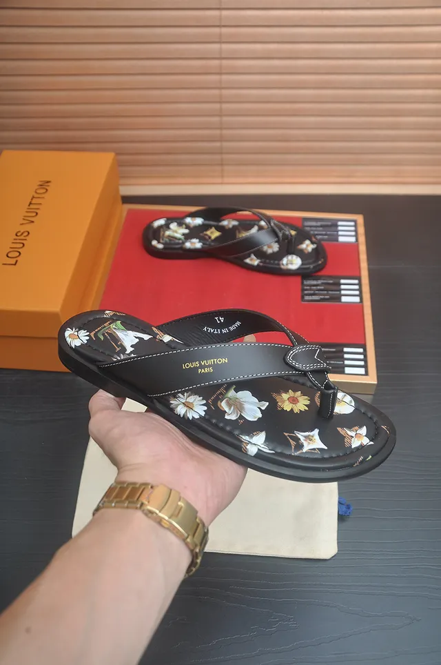 Louis Vuitton Black Brown Leather Sole Thong Silhouette Slippers 21