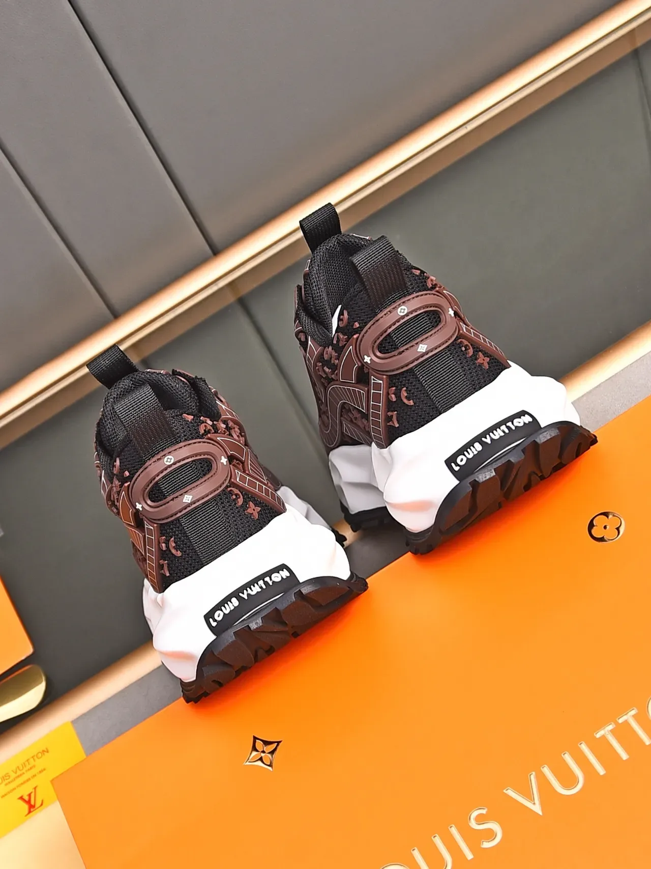 Louis Vuitton Black Brown Monogrammed Mesh Sculpted White Midsole Chunky Sneakers 3