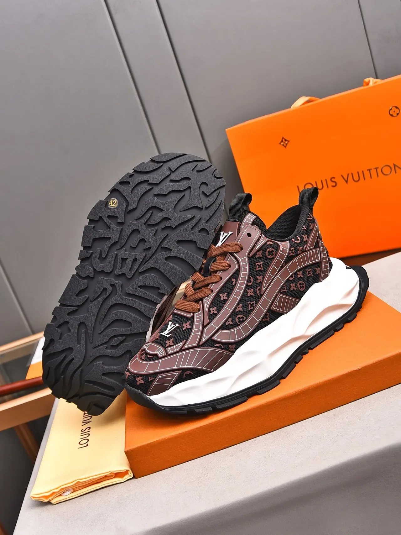 Louis Vuitton Black Brown Monogrammed Mesh Sculpted White Midsole Chunky Sneakers 4