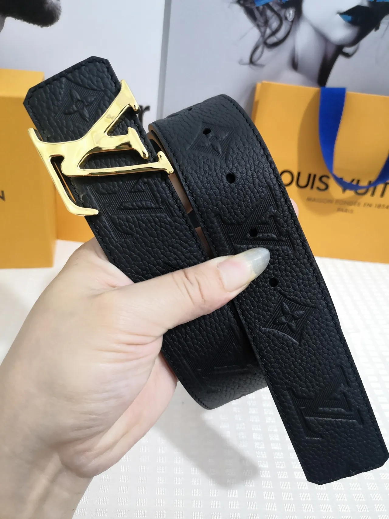 Louis Vuitton Black Gold Embossed Monogram Textured Leather Belt 6