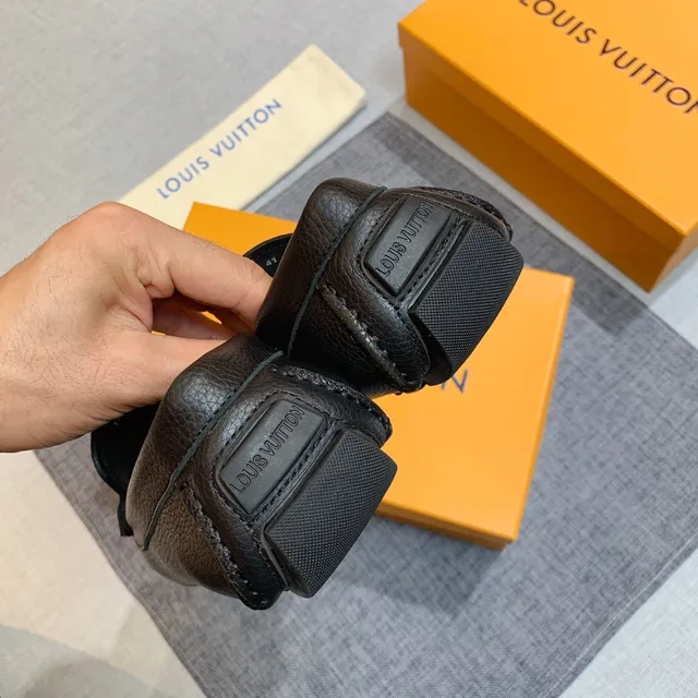 Louis Vuitton Black Gold Pebbled Leather Square-Toe Loafer 2