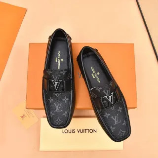 Louis Vuitton حذاء مكاسين أسود رمادي مونوغرام كانفاس مع إطار جلدي