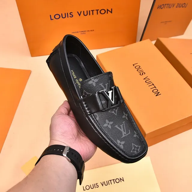 Louis Vuitton Black Gray Monogram Canvas Leather-Trimmed Loafer 7
