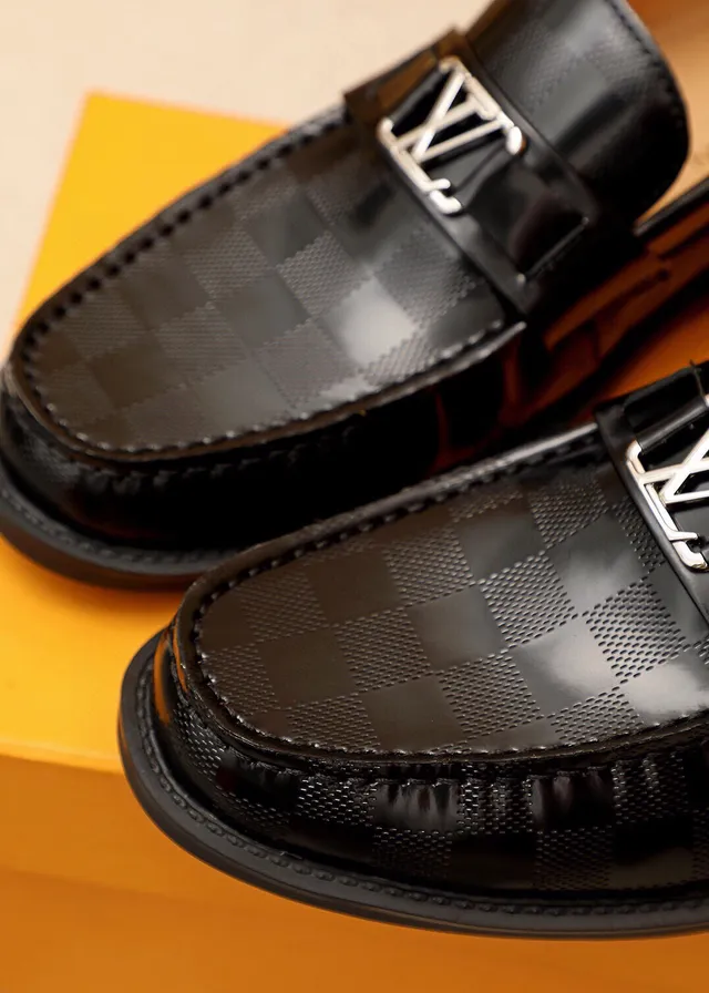 Louis Vuitton Black Silver Polished Leather Checkered Damier Pattern Loafer 3