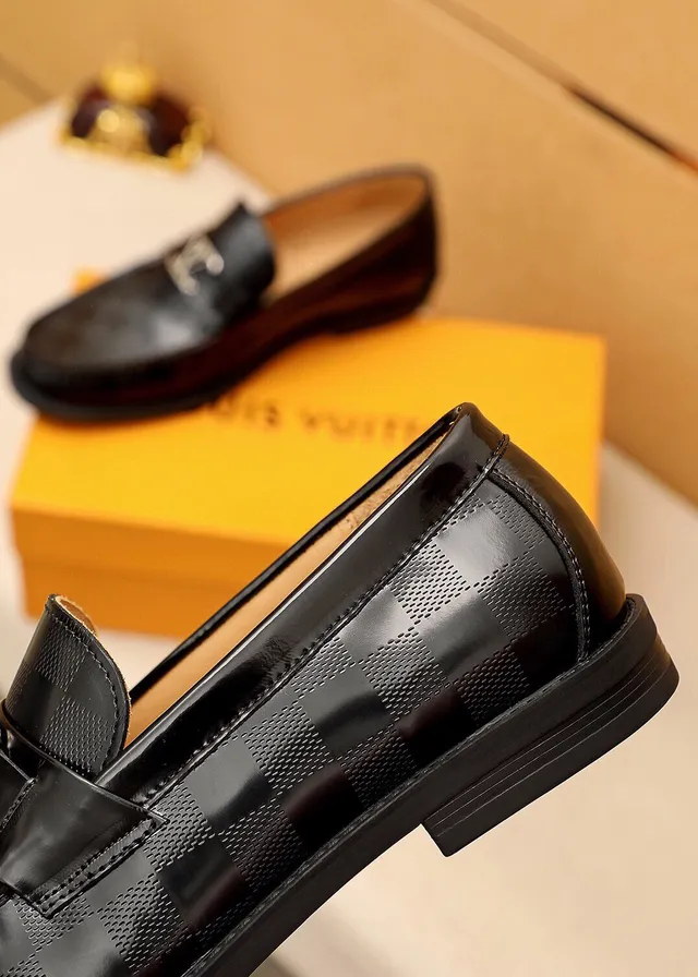 Louis Vuitton Black Silver Polished Leather Checkered Damier Pattern Loafer 4