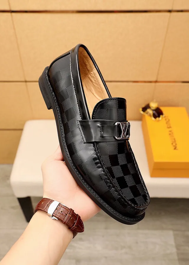 Louis Vuitton Black Silver Polished Leather Checkered Damier Pattern Loafer 6