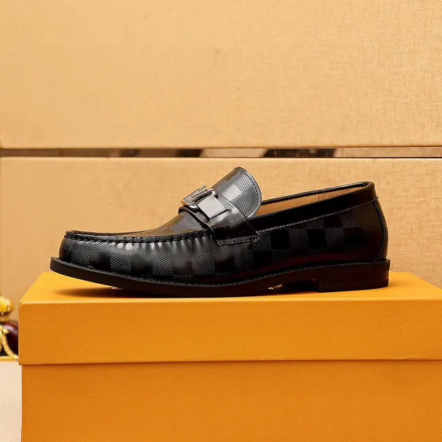 Louis Vuitton Black Silver Polished Leather Checkered Damier Pattern Loafer 7