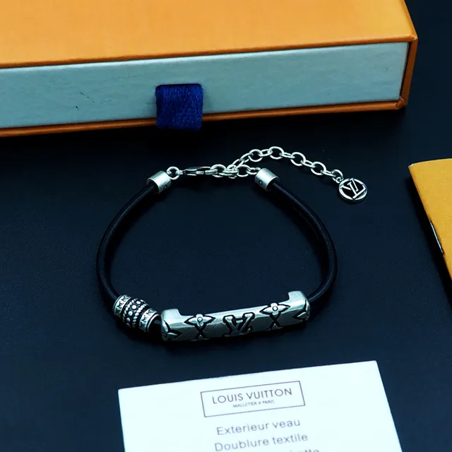 Louis Vuitton Black Silver Rubber Cord Antiqued Metal Bracelet 2
