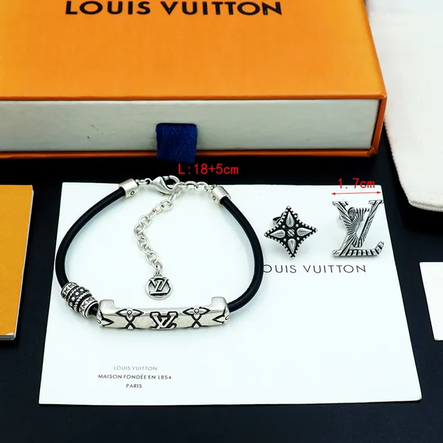 Louis Vuitton Black Silver Rubber Cord Antiqued Metal Bracelet 3