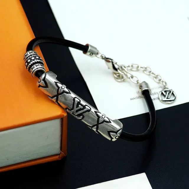 Louis Vuitton Black Silver Rubber Cord Antiqued Metal Bracelet 7