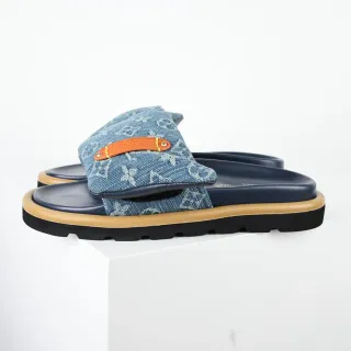 Louis Vuitton Blue Navy Denim Monogram Strap Orange Leather Tab Slippers