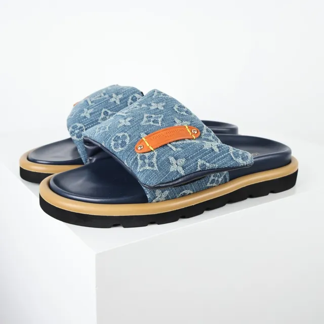 Louis Vuitton 蓝色海军丹宁印花带橙色皮革标签拖鞋 2