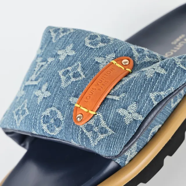 Louis Vuitton 蓝色海军丹宁印花带橙色皮革标签拖鞋 6
