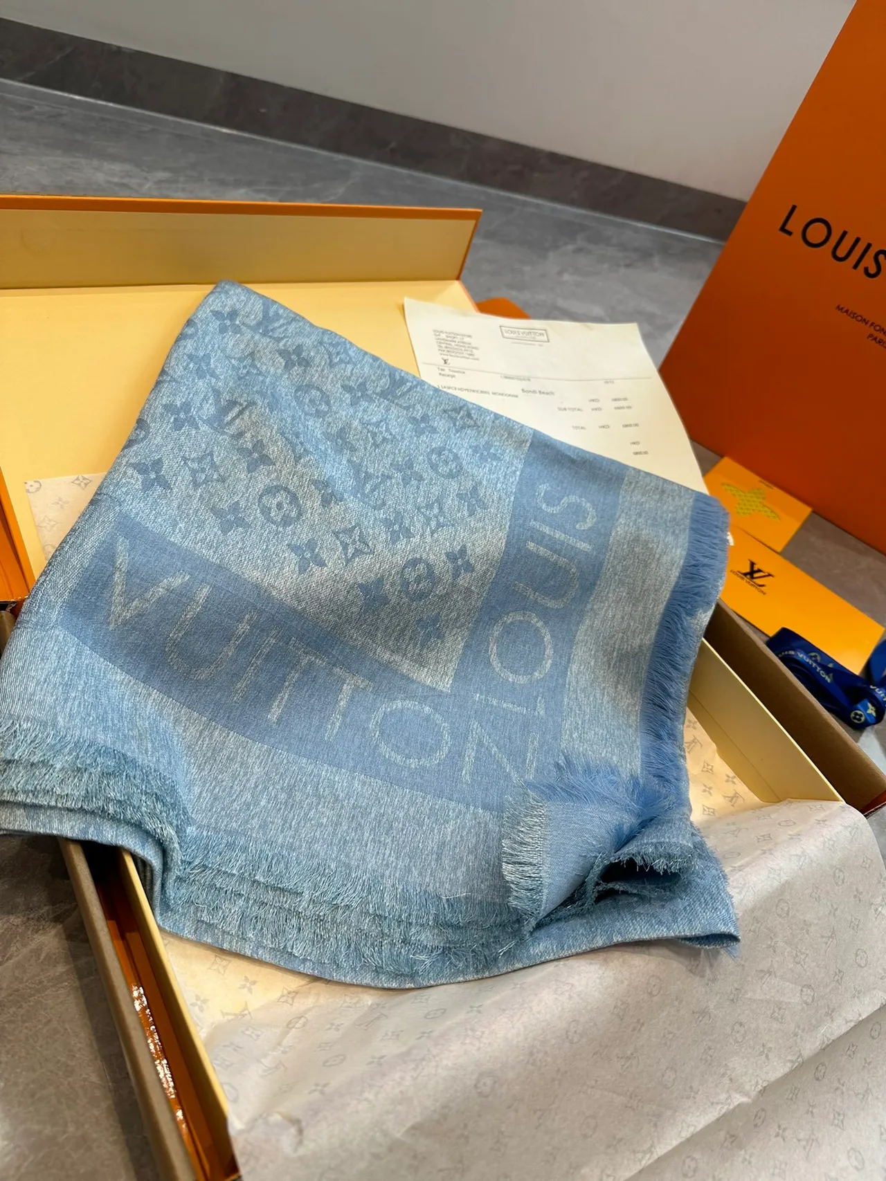 Louis Vuitton Blue Navy Light Monogram Print Fringed Hem Scarve 4