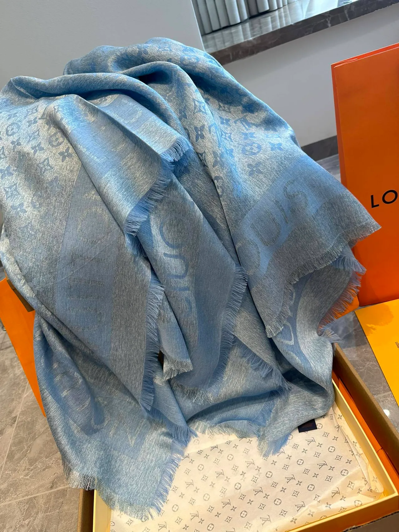 Louis Vuitton Blue Navy Light Monogram Print Fringed Hem Scarve 6