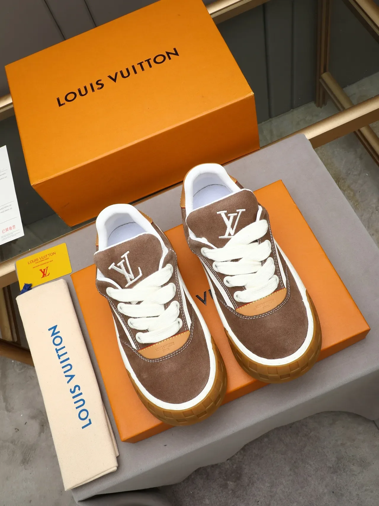Louis Vuitton Brown Beige Suede Upper Contrast Stitching Lifestyle Sneakers 2