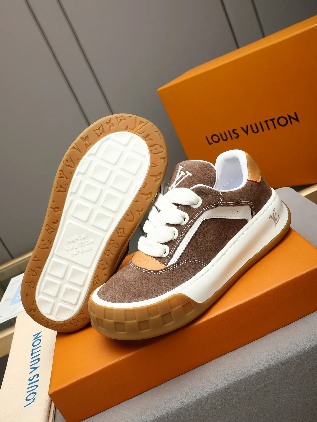Louis Vuitton Brown Beige Suede Upper Contrast Stitching Lifestyle Sneakers 4