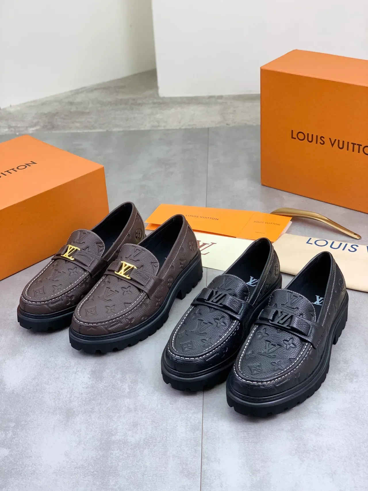 Louis Vuitton Brown Black Monogram Leather Gold-Tone LV Buckle Loafer 2