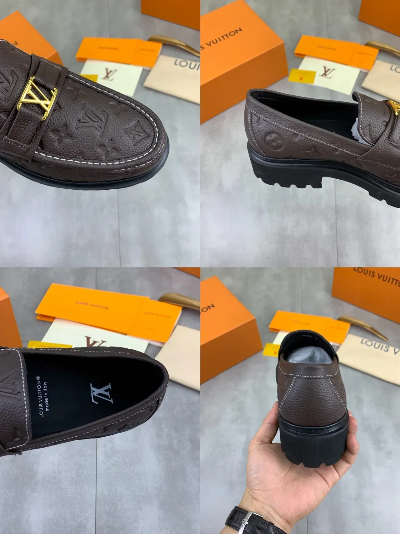 Louis Vuitton Brown Black Monogram Leather Gold-Tone LV Buckle Loafer 3