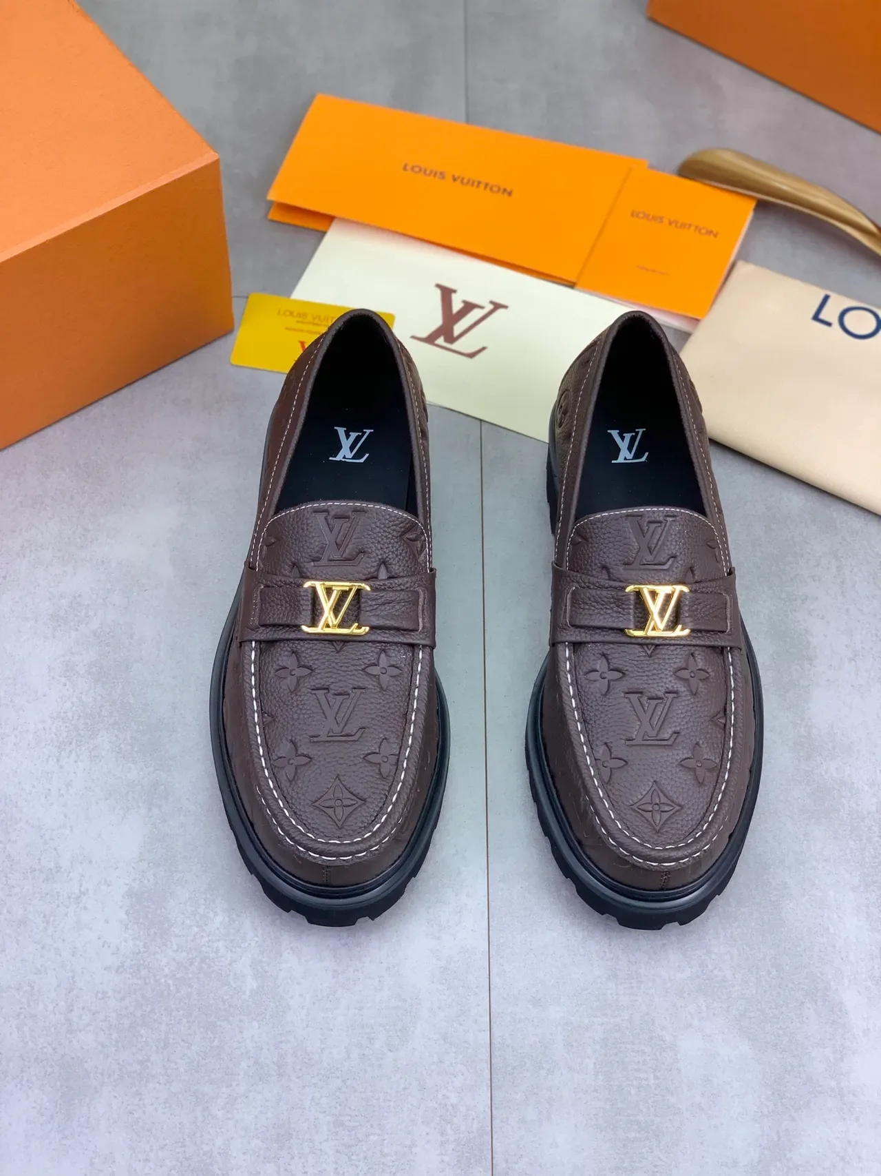 Louis Vuitton Brown Black Monogram Leather Gold-Tone LV Buckle Loafer 5