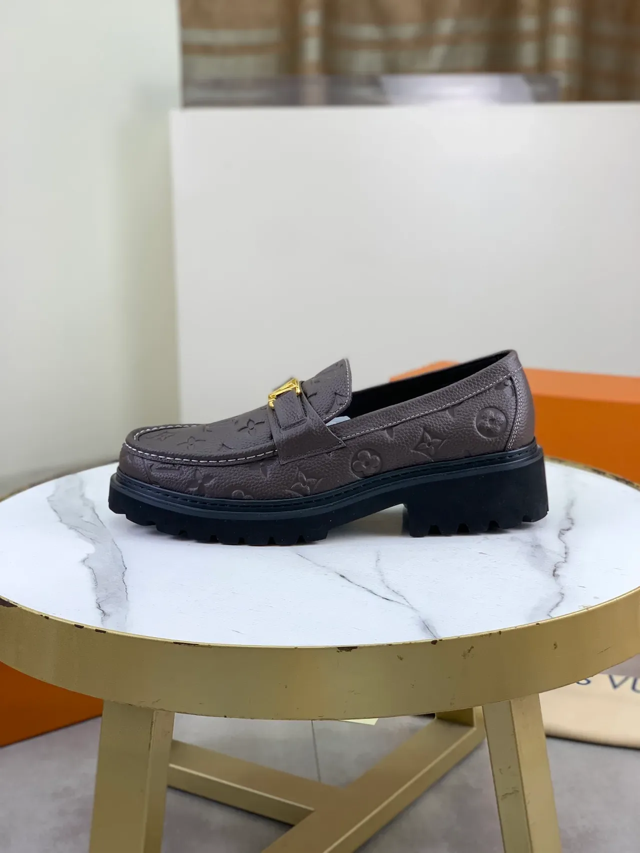 Louis Vuitton Brown Black Monogram Leather Gold-Tone LV Buckle Loafer 6