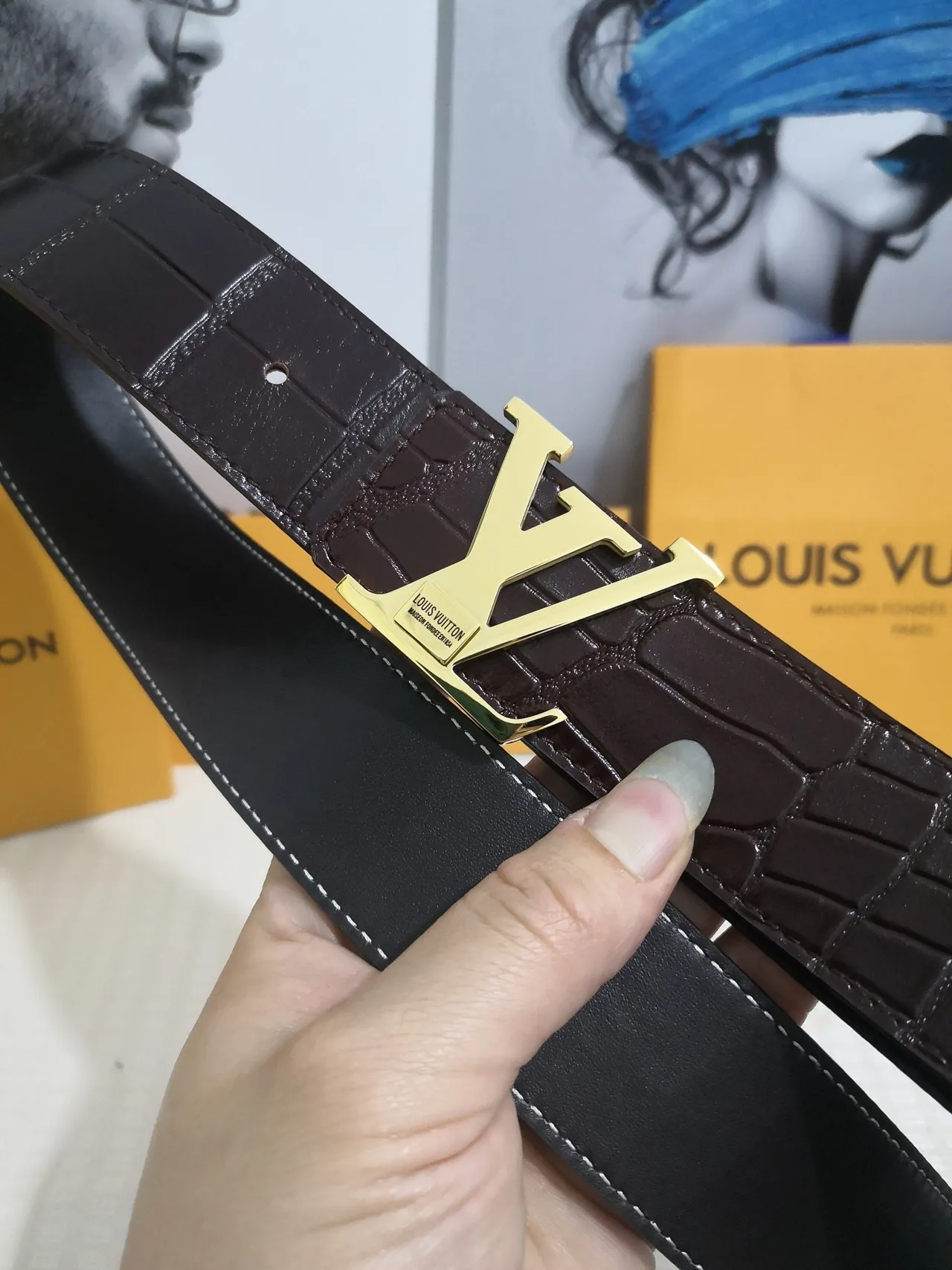 Louis Vuitton Brown Gold Crocodile-Embossed Monogram Buckle Leather Belt 6