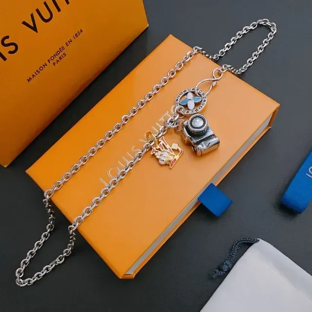 Louis Vuitton Camera Charm Enamel Pendant Silver Chain Necklace 3