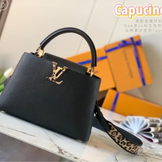 Louis Vuitton Capucines काला पेबल्ड लेदर लियोपर्ड प्रिंट एक्सेंट टोट बैग