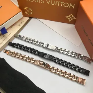 Louis Vuitton Cadena Plata Negro Gruesa Curb Grabado Monogram Placa Pulsera