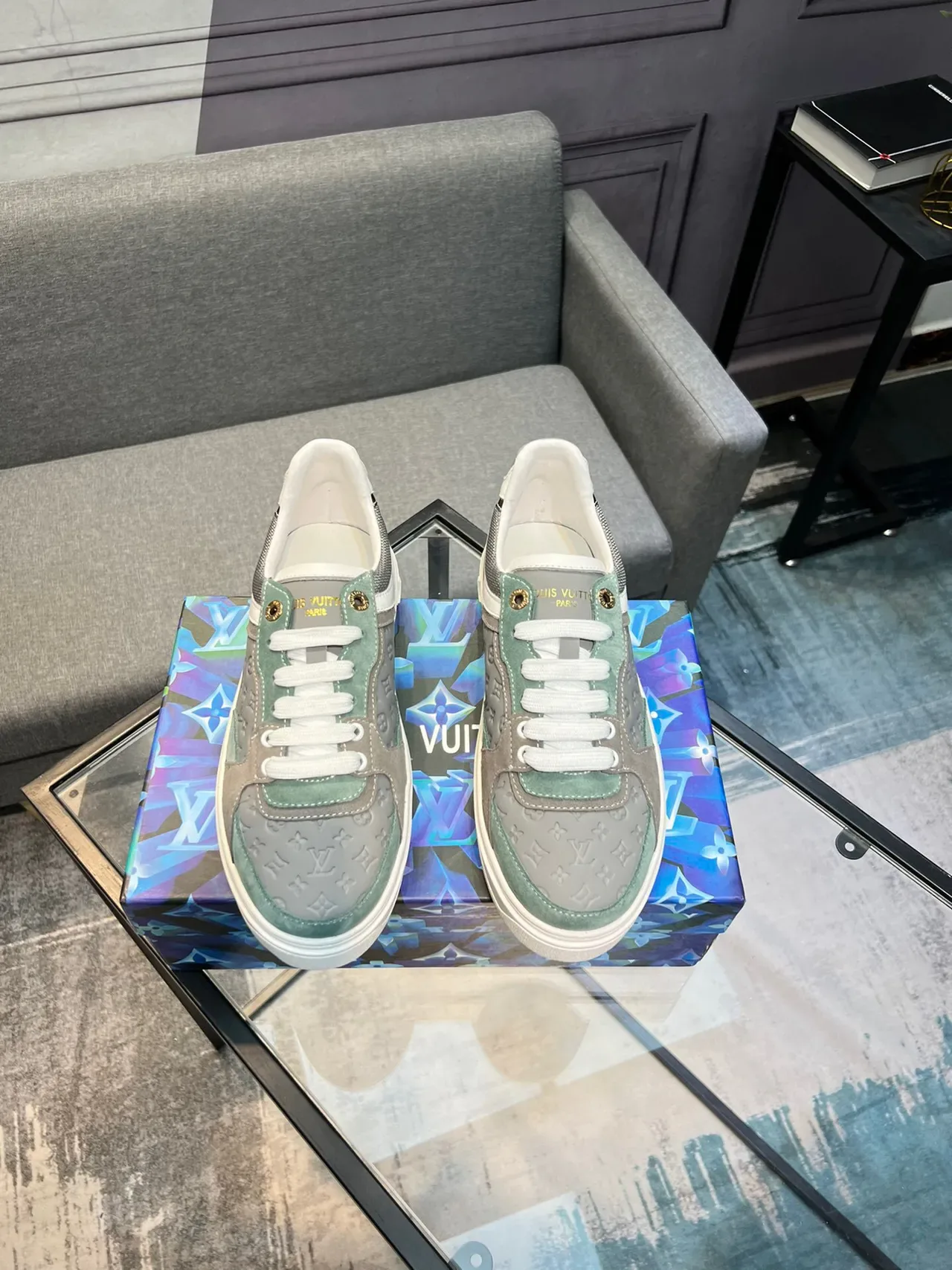 Louis Vuitton Gray Green Monogrammed Panel Construction Suede And Mesh Mix Lifestyle Sneakers 2