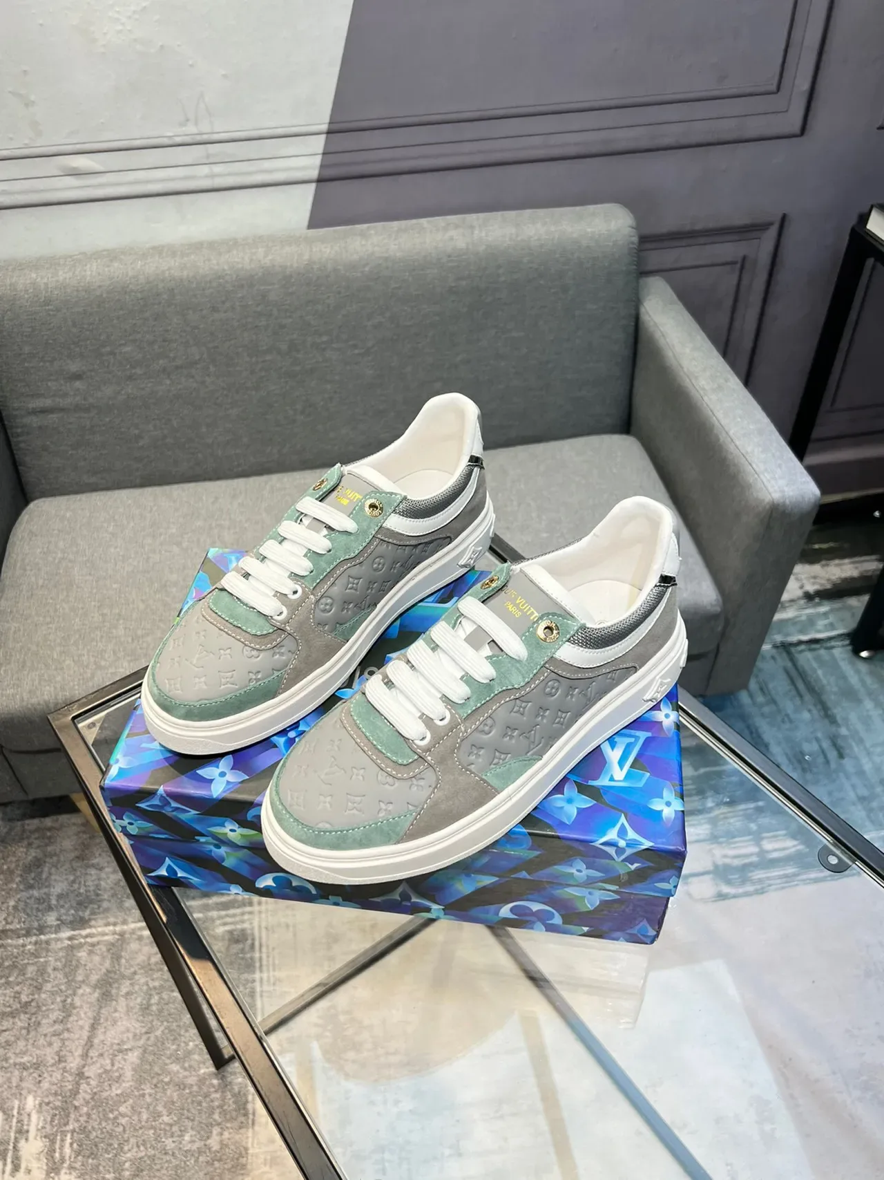 Louis Vuitton Gray Green Monogrammed Panel Construction Suede And Mesh Mix Lifestyle Sneakers 3