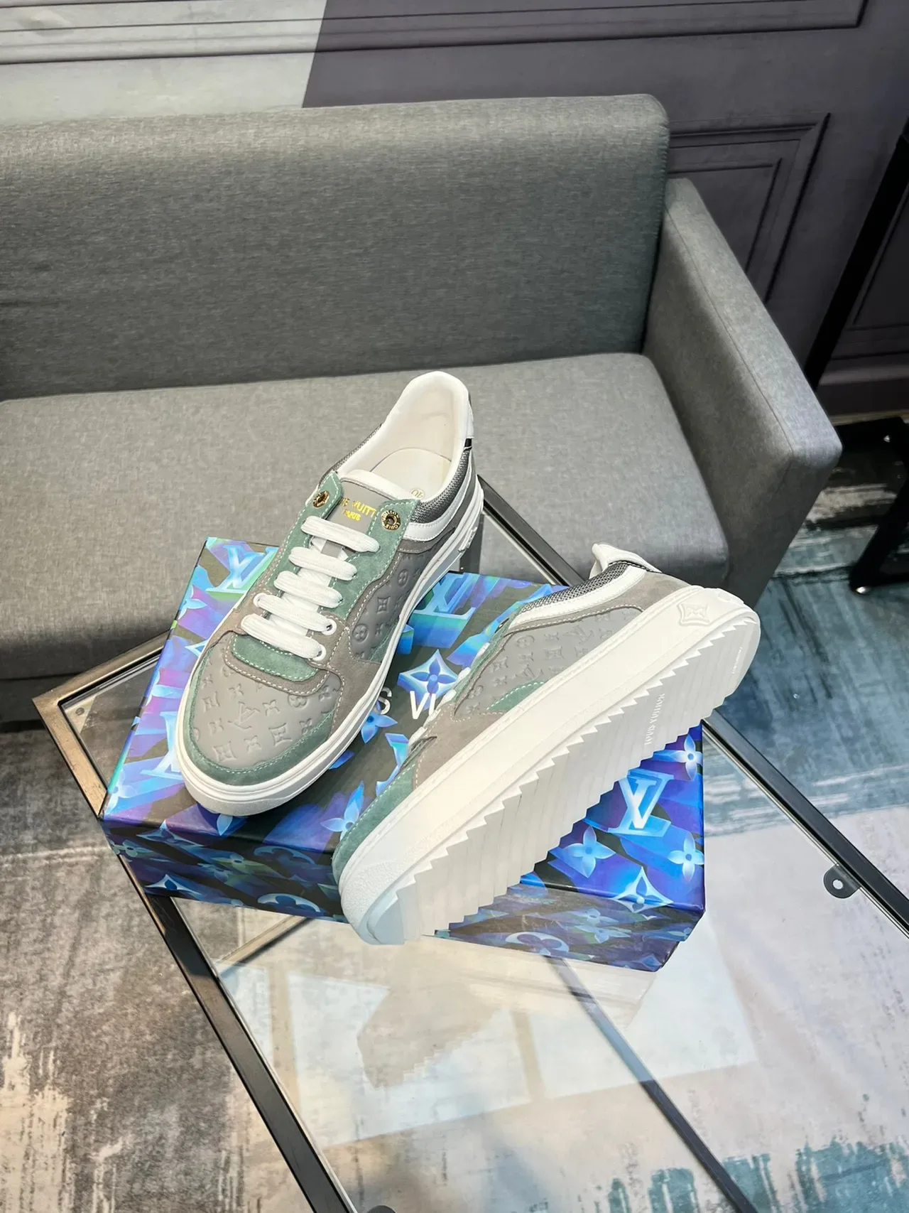 Louis Vuitton Gray Green Monogrammed Panel Construction Suede And Mesh Mix Lifestyle Sneakers 4