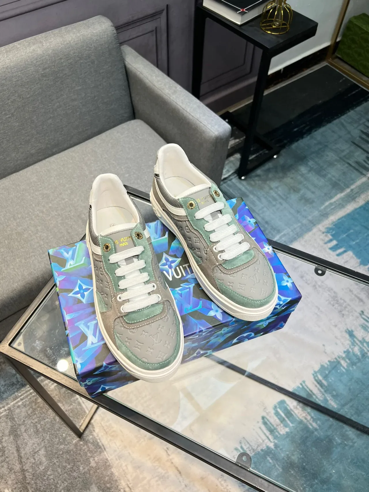 Louis Vuitton Gray Green Monogrammed Panel Construction Suede And Mesh Mix Lifestyle Sneakers 5