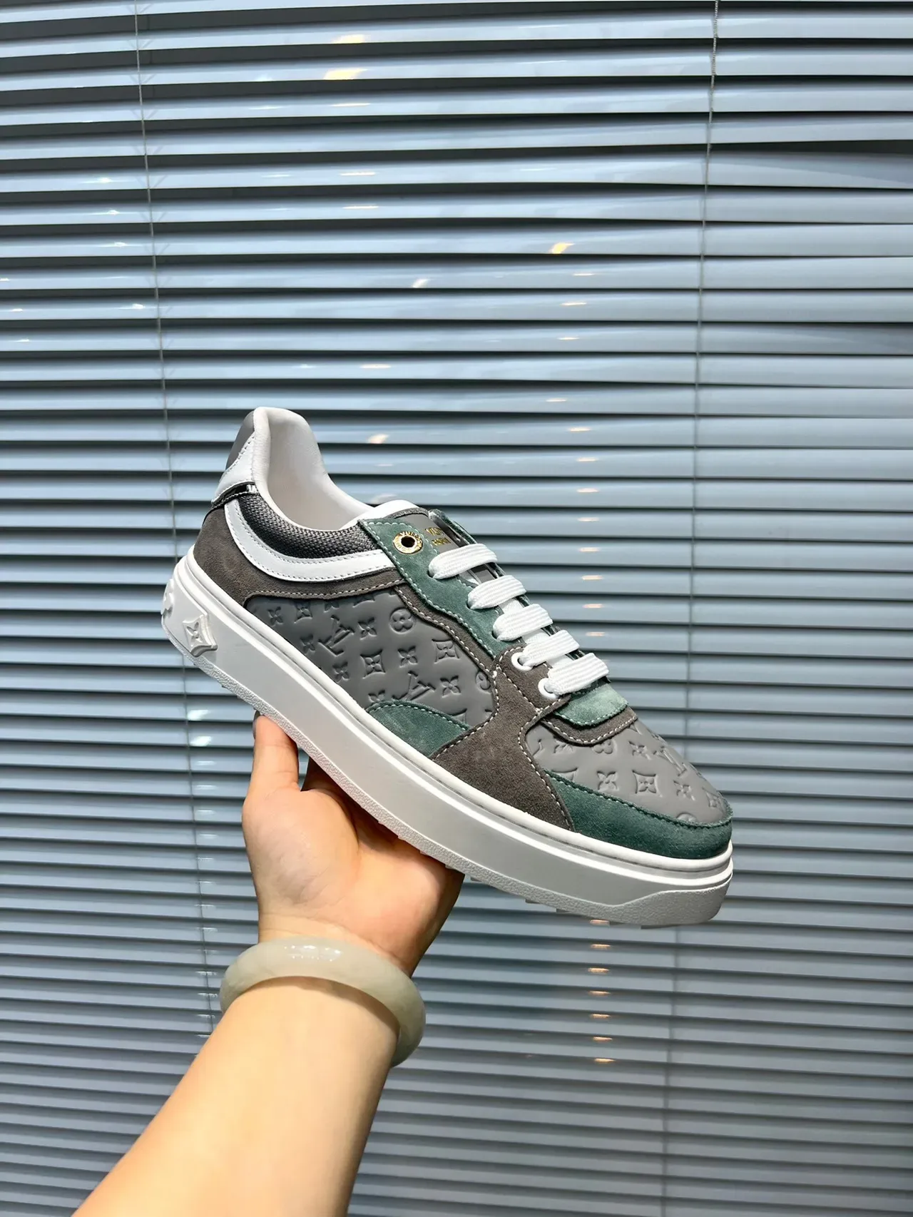 Louis Vuitton Gray Green Monogrammed Panel Construction Suede And Mesh Mix Lifestyle Sneakers 6