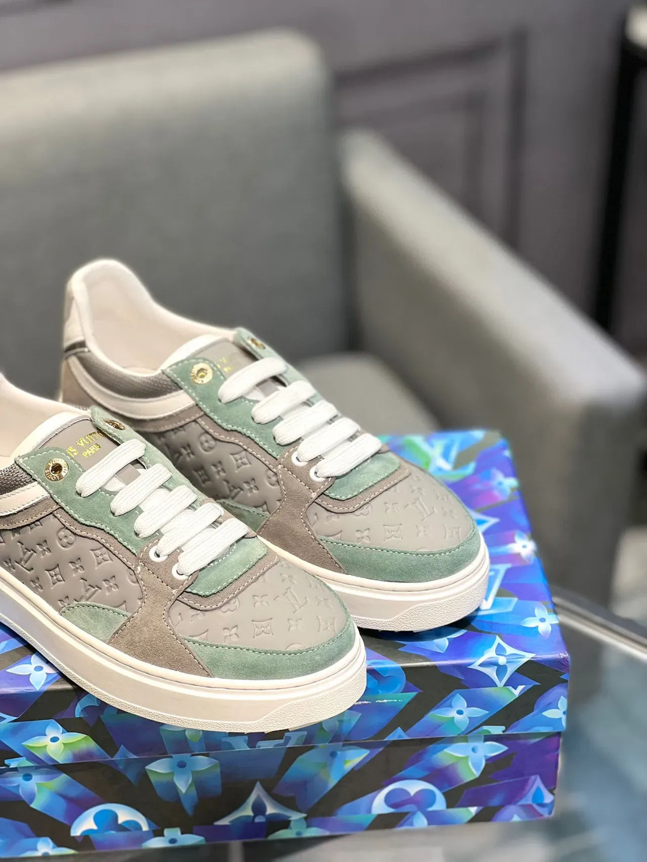 Louis Vuitton Gray Green Monogrammed Panel Construction Suede And Mesh Mix Lifestyle Sneakers 9