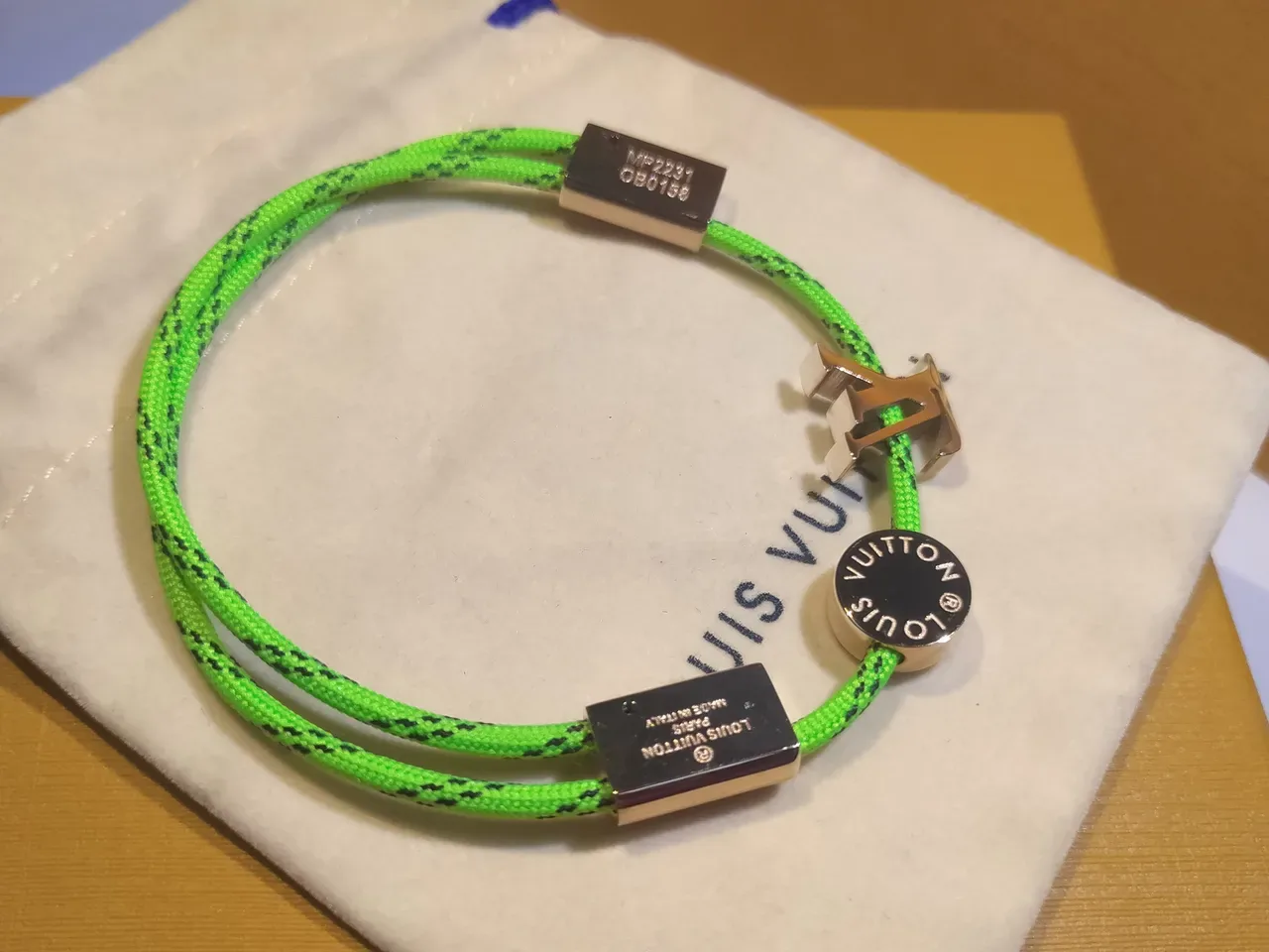 Louis Vuitton Green Gold Neon Braided Cord Rectangular Plaques Bracelet 3
